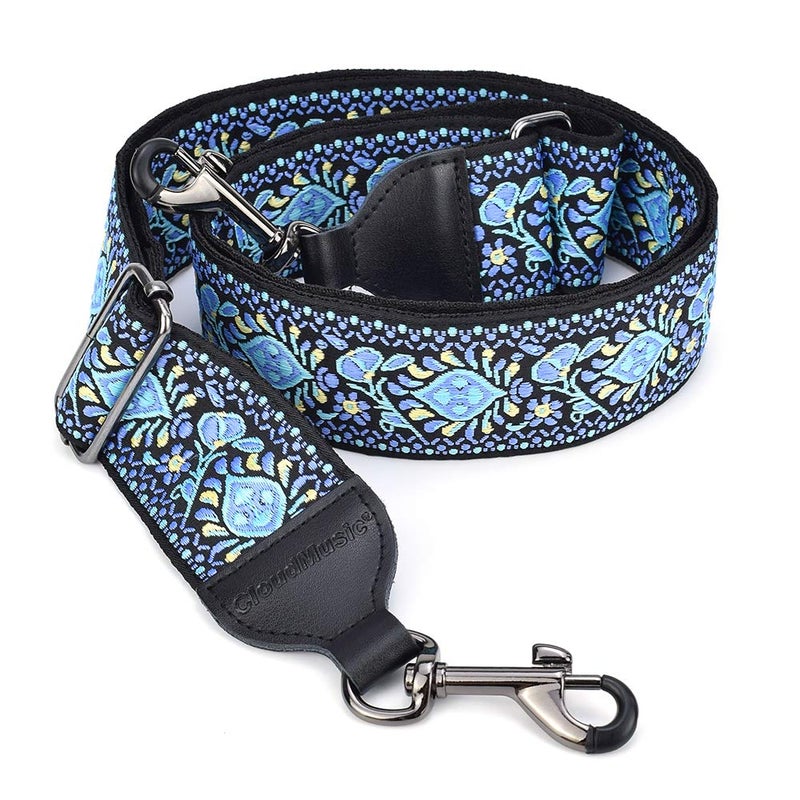 CLOUDMUSIC Purse Banjo Strap Guitar Strap For Handbag Purse Jacquard Woven With Leather Ends And Metal Clips(Blue Pattern) - Image 1